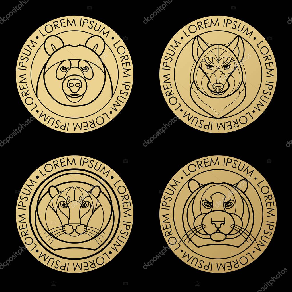Predatory animal print gold foil on a black background. Vector illustration of a tiger, lion, bear, wolf. Designed to create a logo, icon in modern style mono line. Symbol of strength.