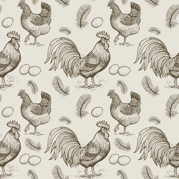 Seamless pattern with chickens and roosters.