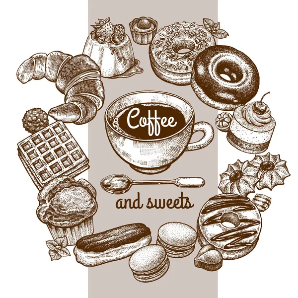 咖啡和各种甜点设置. — 图库矢量图片