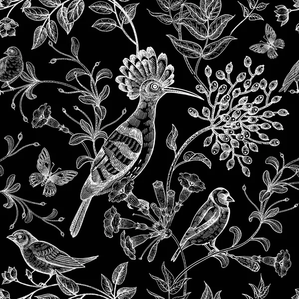 Kuşlar ve çiçekler ile Dikişsiz siyah-beyaz desen. — Stok Vektör