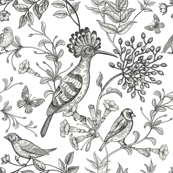Naadloze zwart-wit patroon met vogels en bloemen. — Stockvector