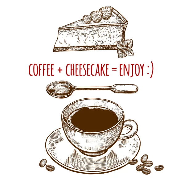 Taza de café y tarta de queso . — Vector de stock