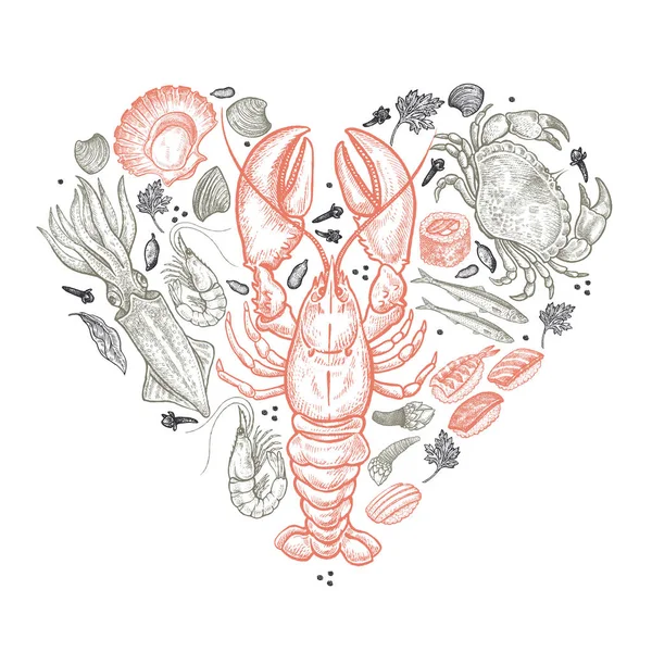 Fruits de mer disposés en forme de cœur . — Image vectorielle