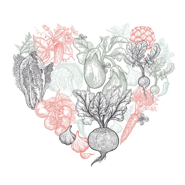 Coração Delicioso Feito Vegetais Conjunto Arte Ilustração Vetorial Beterraba Cenouras —  Vetores de Stock