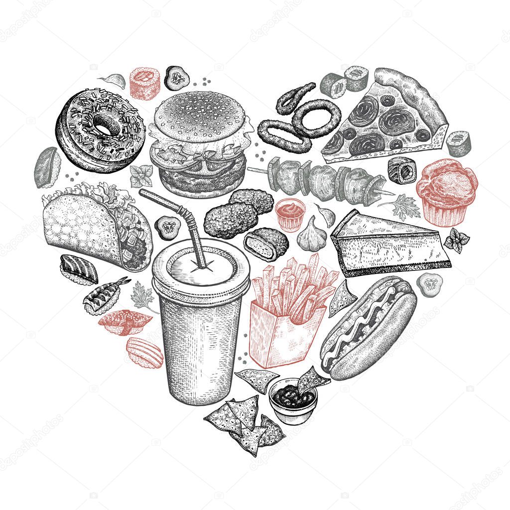 Fast food heart. Vector illustration art set. Snack, drinks and desserts black and red on white background. For decoration menu, posters, covers, advertising of Valentine's Day. Vintage engraving