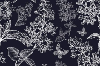 Bahar çiçekleri siyah üzerine beyaz ile Seamless Modeli.