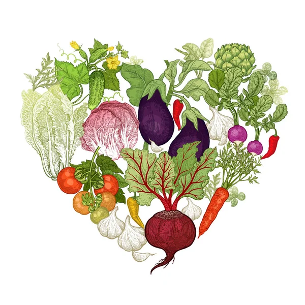 Ensemble vectoriel avec légumes en forme de cœur . — Image vectorielle
