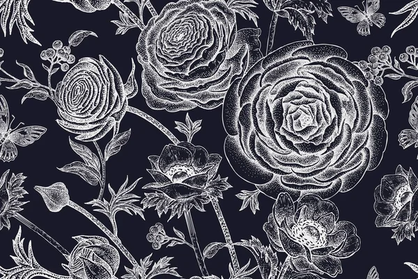 Patrón sin costuras con flores de primavera blanco sobre negro . — Archivo Imágenes Vectoriales