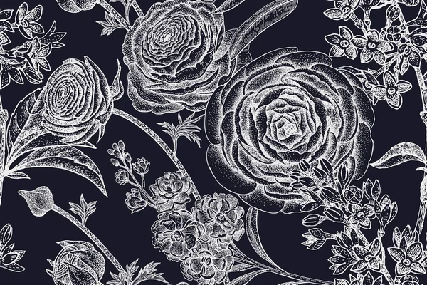 Patrón sin costuras con flores de primavera blanco sobre negro . — Vector de stock