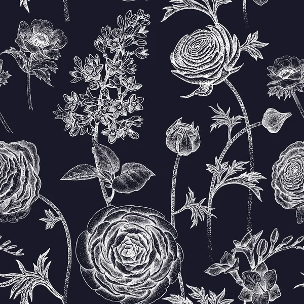 Patrón sin costuras con flores de primavera blanco sobre negro . — Archivo Imágenes Vectoriales