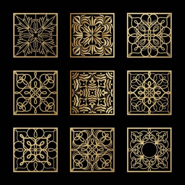 Vintage soyut kareler siyah arka plan sette altın.