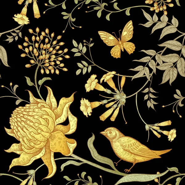 Flores Exóticas Pájaros Mariposas Patrón Floral Vectorial Sin Costuras Telas — Archivo Imágenes Vectoriales