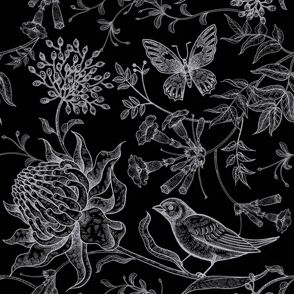 Flores Exóticas Mariposas Pájaros Patrón Floral Vectorial Sin Costuras Estilo — Archivo Imágenes Vectoriales