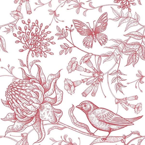 Fleurs Exotiques Papillons Oiseaux Motif Floral Vectoriel Sans Couture Dans — Image vectorielle