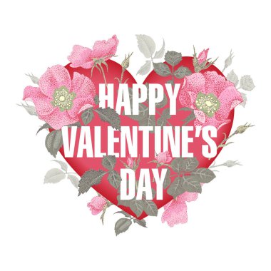Sevgililer kalp. Vektör tasarımı Sevgililer günü. Şablon bir kalp şeklinde Sevgililer günü çiçek dolu. Happy Valentine's Day yazı serisi.