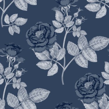 Vektör sorunsuz arka plan. Kumaşlar, tekstil, kağıt, duvar kağıdı, web tasarım. Gül, peonies, anemon, bluebells. Retro. Vintage tarzı.