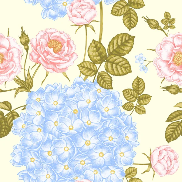 Web 組織のシームレスな背景は ビクトリア朝様式のイラスト花 アジサイと薔薇です ベクトル — ストックベクタ