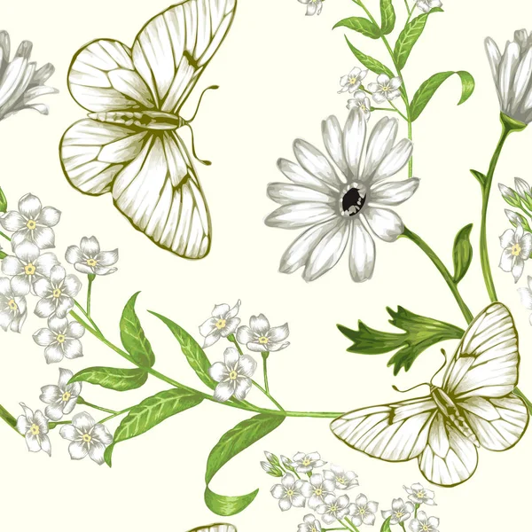 Modèle Vectoriel Sans Couture Avec Des Fleurs Sauvages Des Papillons — Image vectorielle