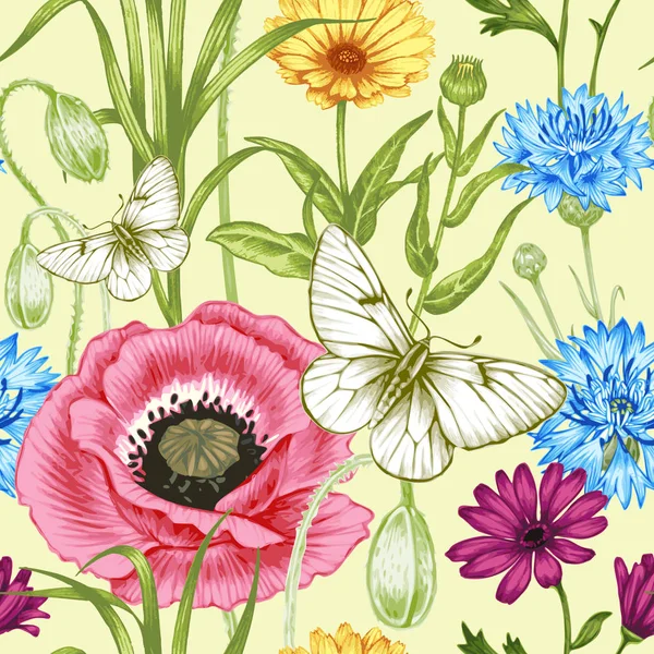 Vektor Nahtlose Muster Mit Wildblumen Und Schmetterlingen Hintergrund Für Stoffe — Stockvektor