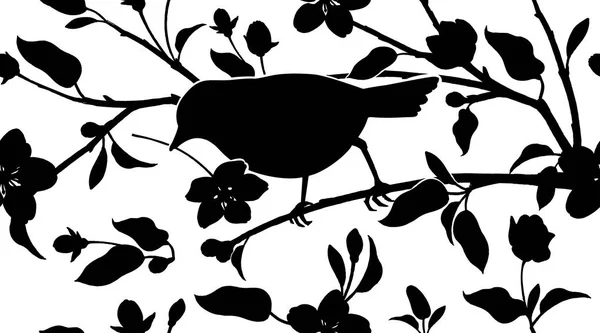 Spring seamless pattern with Japanese cherry and bird silhouette — Stock Vector