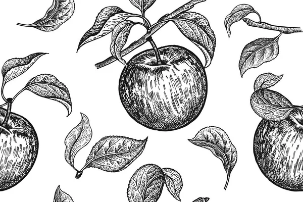 シームレス パターン リアルなフルーツ ブランチ アップル ツリーの葉 黒と白のベジタリアン フード ベクトル イラスト — ストックベクタ