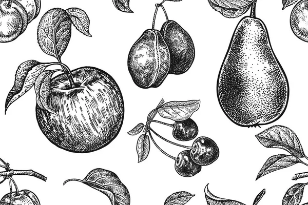Fruits Berries Seamless Pattern Realistic Apple Pear Plum Cherry Black — Stock Vector