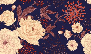 Peonies ve gül. Çiçek vintage seamless modeli. Altın ve beyaz çiçekler, yapraklar, dallar ve lacivert zemin üzerine kırmızı meyveler. Oryantal tarzda. Vektör çizim sanat Tekstil, kağıt tasarımı için