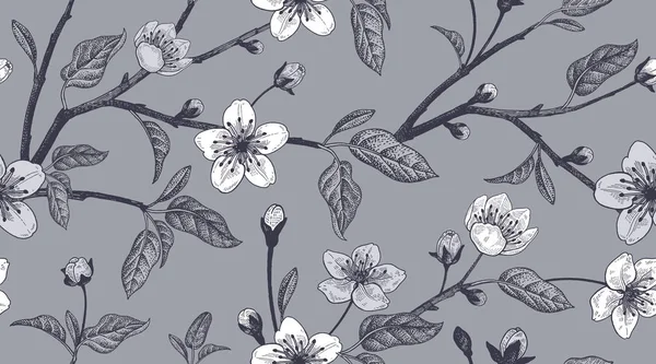 Florales Vintage nahtloses Muster mit japanischer Kirsche. — Stockvektor