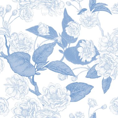 Vektör çizim çiçek seamless modeli. Dalları, yaprakları ve Çin erik çiçekleri. Beyaz zemin üzerine mavi çiçekler. Çin Ulusal çiçeği. Kağıt, kumaş için tasarım.