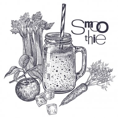 Smoothies. Sağlıklı bir diyet yemek. Meyve ve sebze, elma, havuç ve kereviz içecek hazırlanması için. Siyah ve beyaz. El çizimi. Vintage oyma. Vektör çizim menü ve yemek tarifleri için