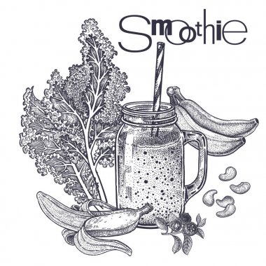 Smoothies. Sağlıklı bir diyet yemek. Sebze lahana yaprağı, meyve muz, kaju fıstığı içecek hazırlanması için. Siyah ve beyaz. El çizimi. Vintage oyma. İçin Menüler tasarlamak vektör çizim