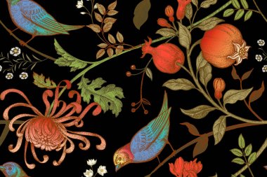 Vintage Japon kasımpatı çiçekleri, nar, dalları, yaprakları ve kuşlar. Vektör seamless modeli. Gösterim amacıyla kumaşlar, telefon servis talebi kağıt, hediye paketleme, tekstil, iç tasarım, kapak.