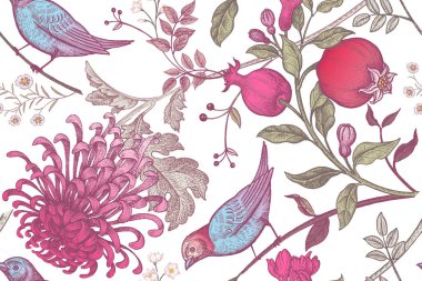 Vintage Japon kasımpatı çiçekleri, nar, dalları, yaprakları ve kuşlar. Vektör seamless modeli. Gösterim amacıyla kumaşlar, telefon servis talebi kağıt, hediye paketleme, tekstil, iç tasarım, kapak.