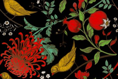 Vintage Japon kasımpatı çiçekleri, nar, dalları, yaprakları ve kuşlar. Vektör seamless modeli. Gösterim amacıyla kumaşlar, telefon servis talebi kağıt, hediye paketleme, tekstil, iç tasarım, kapak.