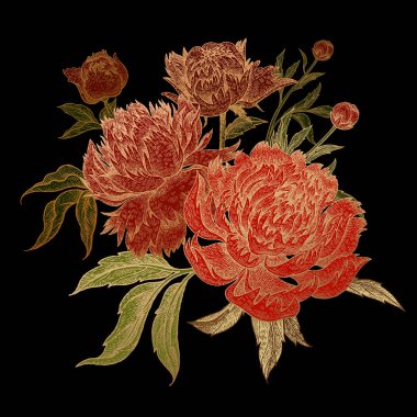 Siyah arka plan üzerine izole peonies buket. Yeşil yaprakları, tomurcukları, kırmızı çiçekler devre altın folyo ile. Stil Oriental Çin minyatür cila. El çizim sanat. Vektör çizim. Vintage.