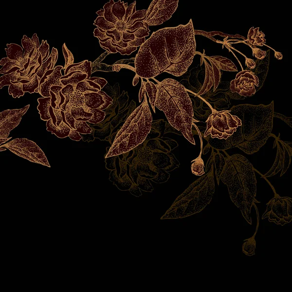 中国梅花树枝 象征性的花朵 卡片复古风格 黑色背景上的金色浮雕 — 图库矢量图片