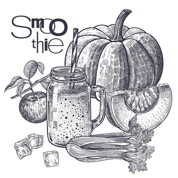 Smoothies Υγιεινή Διατροφή Δίαιτα Φρούτα Και Λαχανικά Μήλο Κολοκύθι Και — Διανυσματικό Αρχείο