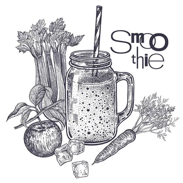 Smoothies Egészséges Táplálkozás Élelmiszer Gyümölcsök Zöldségek Alma Sárgarépa Zeller Italok — Stock Vector