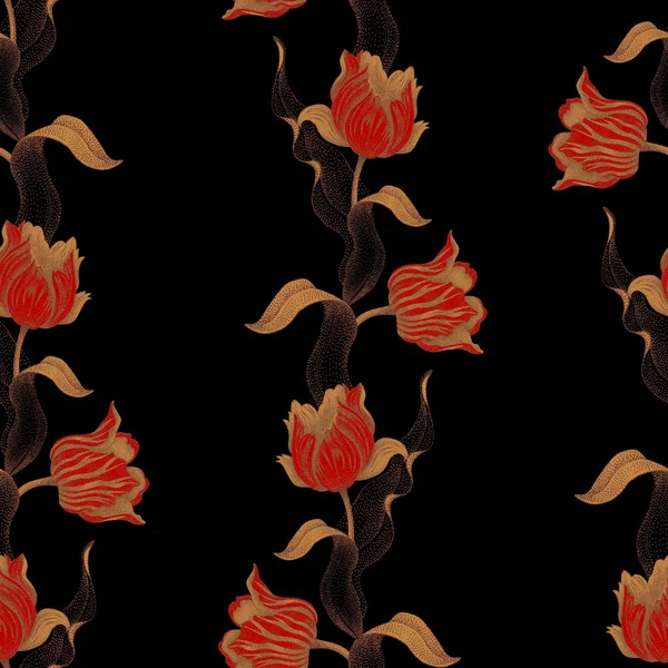 Spring flower tulip. Vector seamless floral pattern. Garden bulbous tulip flower. Illustration - template luxury packaging design, textiles, paper. Gold branches, leaves, flowers on black background.