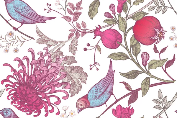 Vintage Japon kasımpatı çiçekleri, nar, dalları, yaprakları ve kuşlar. Vektör seamless modeli. Gösterim amacıyla kumaşlar, telefon servis talebi kağıt, hediye paketleme, tekstil, iç tasarım, kapak.