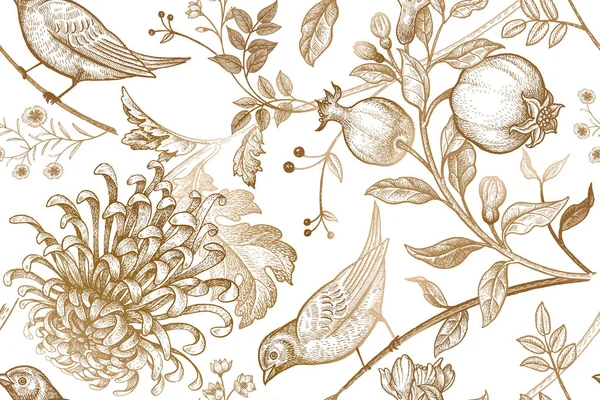 Винтажные Цветы Японской Хризантемы Гранаты Ветви Листья Птицы Векторный Бесшовный — стоковый вектор