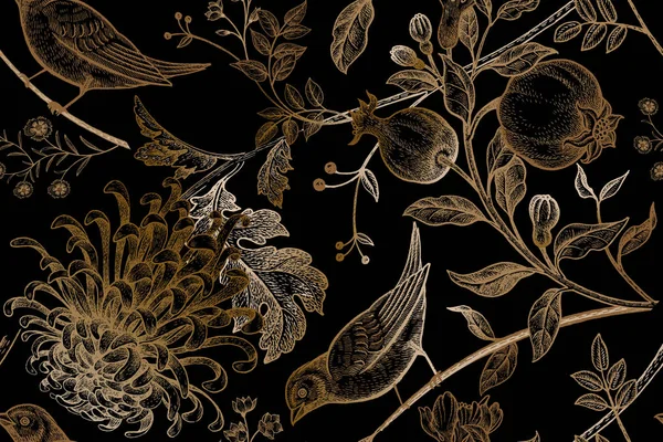 Nahtloses Muster mit Chrysanthemen, Granatäpfeln und Vögeln. — Stockvektor