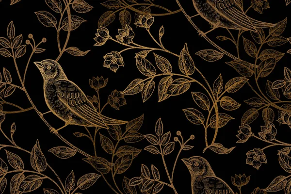 빈티지 나뭇가지 새입니다 검은색에 패턴입니다 케이스 인테리어 디자인 — 스톡 벡터