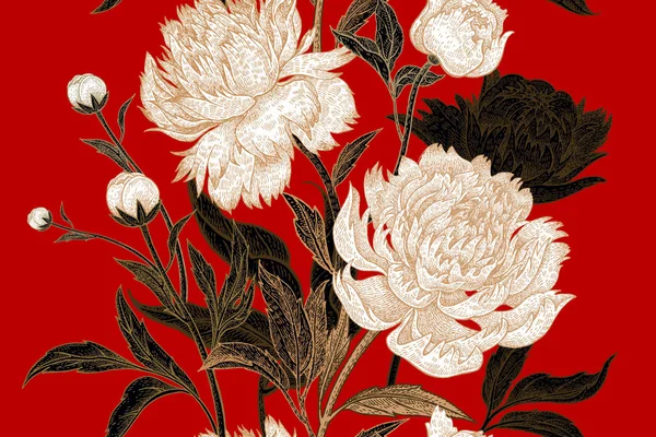 Пионы Бесшовный Цветочный Узор Ручное Рисование Черный Белый Золотой Красный — стоковый вектор