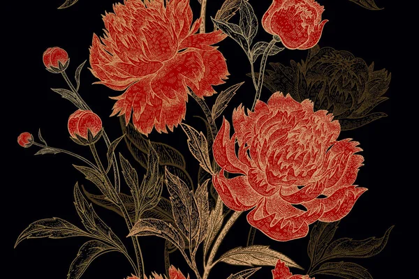Peonías Patrón Floral Sin Costuras Dibujo Mano Ilustración Vectorial Negra — Vector de stock