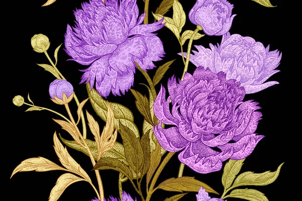 Peonies Seamless Floral Pattern Hand Drawing Art Black Gold Purple — Stock Vector