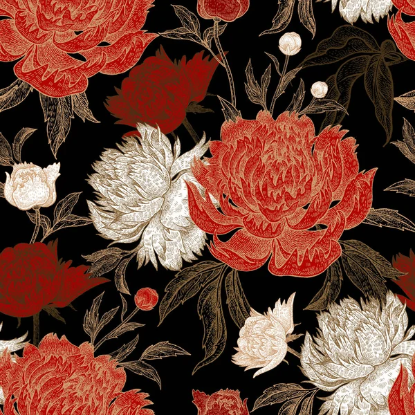 Peonies sorunsuz çiçek desenli. El çizim sanat. Siyah, beyaz, altın ve kırmızı vektör çizim. Oryantal tarzda. Vintage çiçekler. Kumaş, kağıt, tekstil, duvar kağıdı, perde, katlama oluşturmak için
