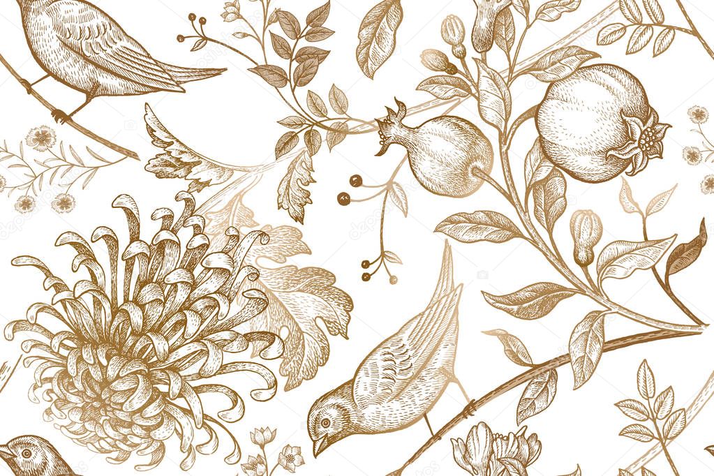 Vintage Japanese chrysanthemum flowers, pomegranates, branches, leaves and birds. Vector seamless pattern. Illustration for fabrics, phone case paper, gift packaging, textiles, interior design, cover.