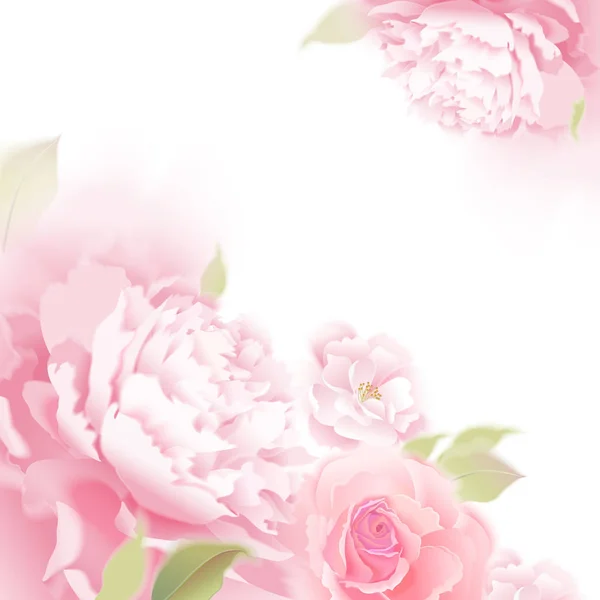 Розы Пионы Цветочная Карта Боке Вектор Садовая Цветочная Пастель Реалистичная — стоковый вектор