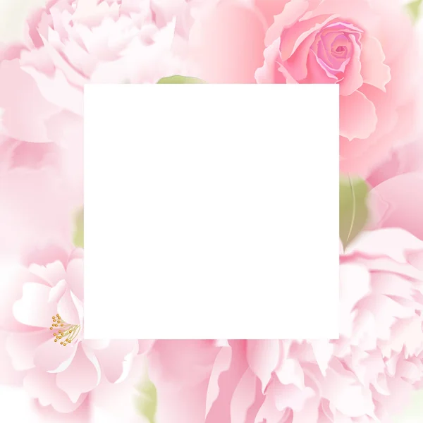 バラとシャクヤク 花のフレーム ベクトル 庭の花手にパステルを描画します リアルな花のイラスト デザイン テンプレート高級包装 ラッピングします ピンクの花と白い背景の上の緑の葉 — ストックベクタ